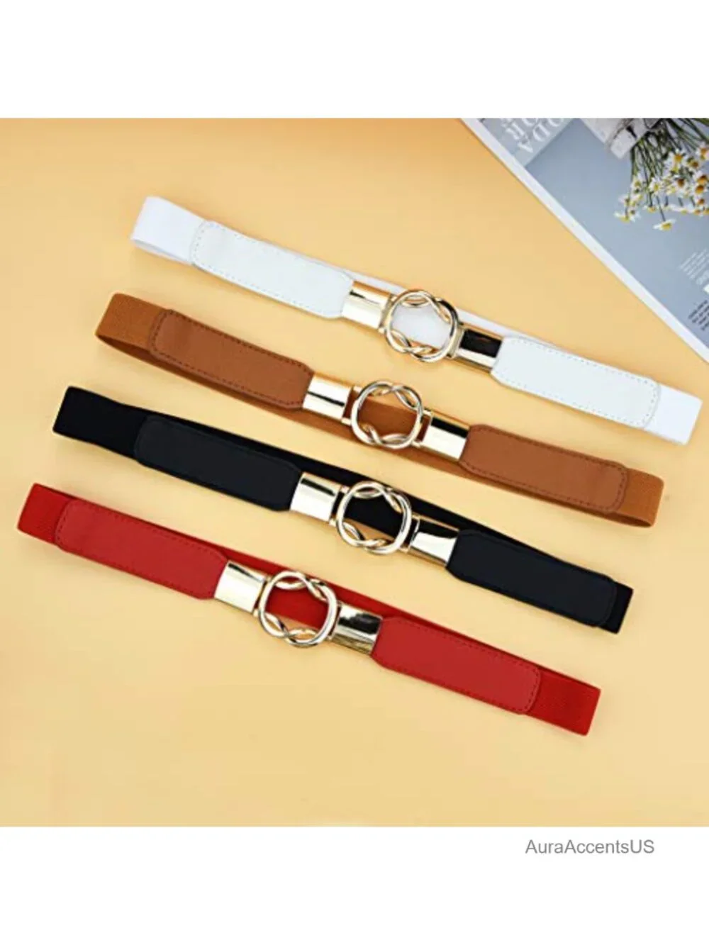 4pk Women Stretchy Faux Leather Waist Belt with Metal Buckle